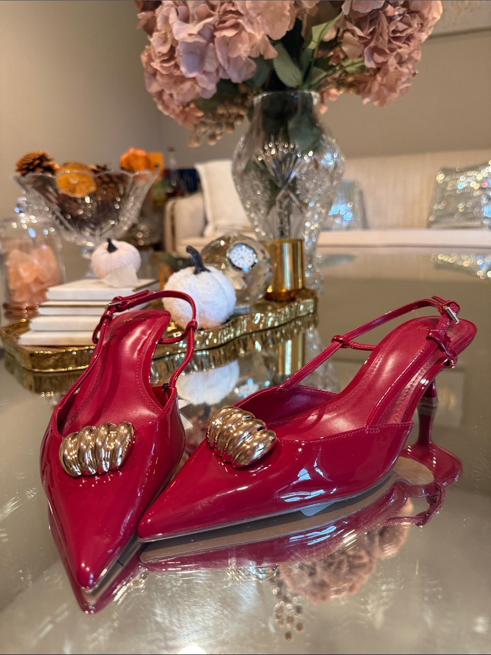 MNG RED Patent Slingback Pumps with Gold Ornament
